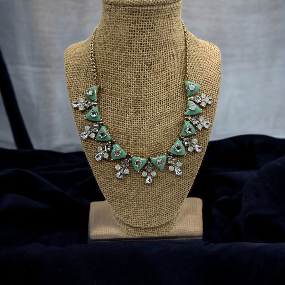 Neiman Marcus Necklace Bib Statement Gold Tone Teal Clear Rhinestones NWT